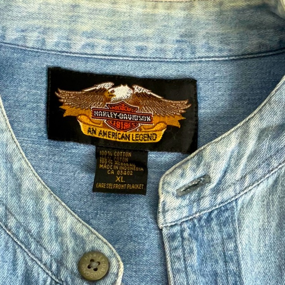 Vintage Harley Davidson Men’s Mandarin Collar Long Sleeve Shirt in Denim Blue - Picture 8 of 12